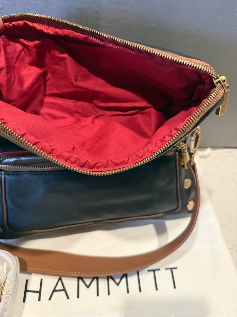 Hammitt Black Leather Messenger Bag with Brown Trim